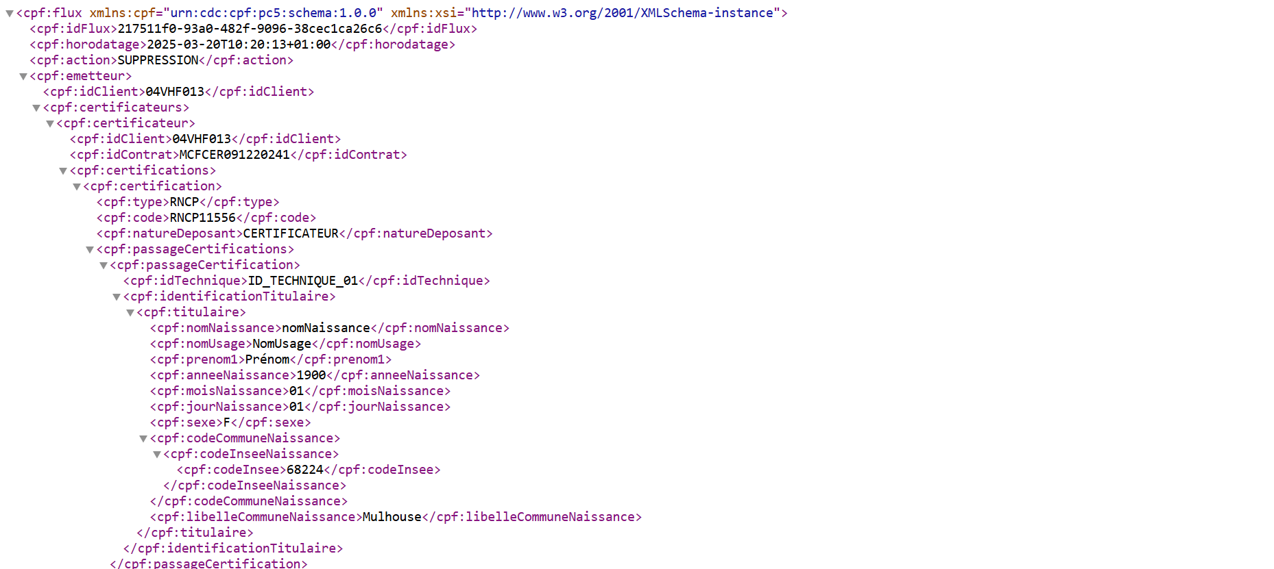 Modèle de fichier suppression XML